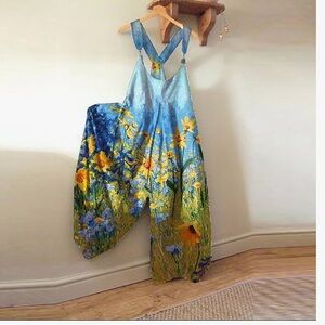 Sleeveless Floral Scene Print Strappy Suspender Adjustable Jumpsuit Overalls